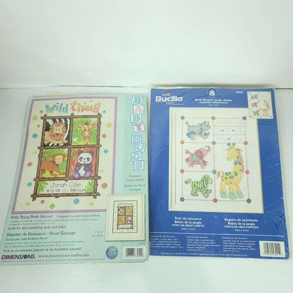 Bucilla Cross Stitch Birth Record Jungle Babies Wild Thing Dimension Lot Of 2